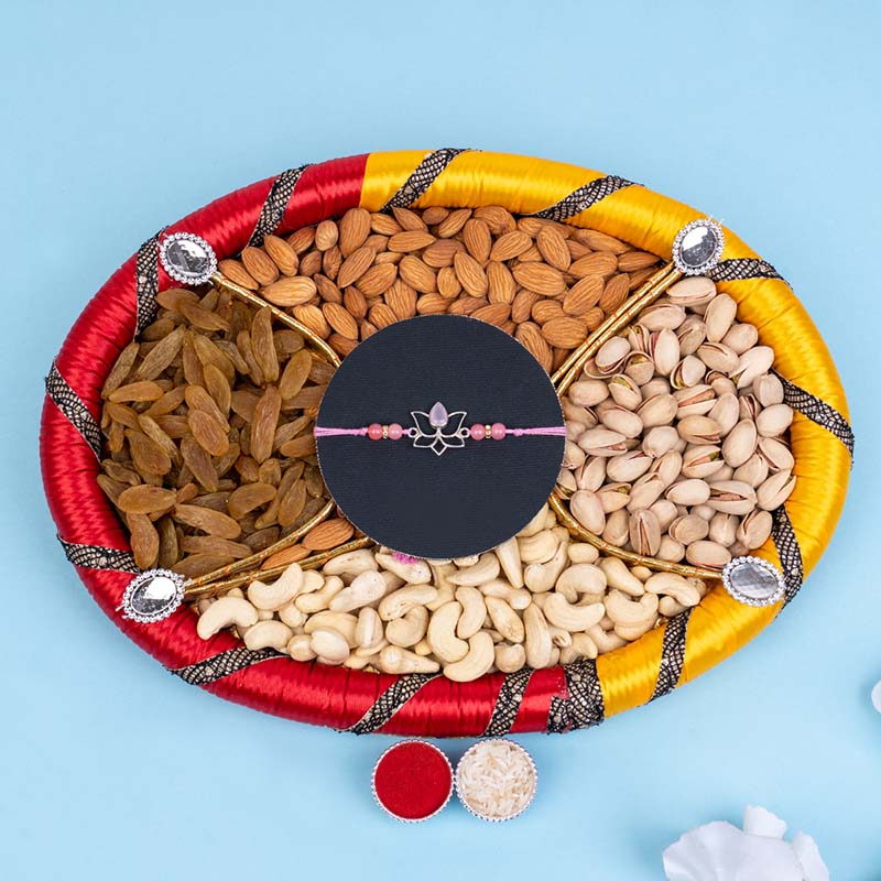 Send Designer Lotus Silver Rakhi with Dry Fruit Tray Online