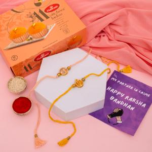 Contemporary Stone Rakhi & Motichoor Laddu - Set of 2 Rakhis to USA
