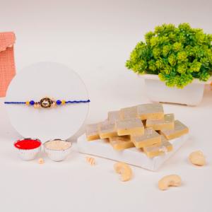Blue Stone Designer Rakhi with Kaju Katli