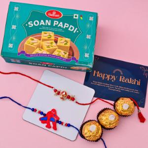 Red Stone & Spiderman Rakhi Set with Soan Papdi & Ferrero Rocher
