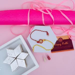 Yellow & Red Thread Designer Rakhi with Kaju Katli