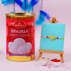 Vibrant Hue Yellow Stone Rakhi With Rasgulla