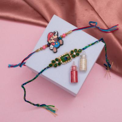 Playful & Elegant Rakhi Duo with Sweets - Set of 2 Rakhis to USA