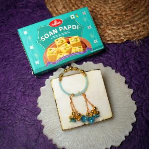 Blue & Golden Stone Rakhi Bracelet with Soan Papdi