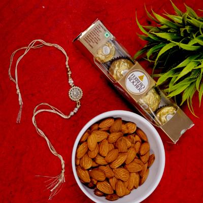 Luminous Pearl & Golden Indulgence Rakhi - Rakhi and Dry Fruits to USA