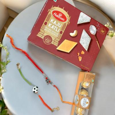 Ganesha & Football Rakhi Combo with Kaju Katli & Ferrero Rocher