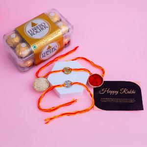 Sacred Serenity & Grand Golden Feast Rakhi Set - Rakhi and Chocolates to USA