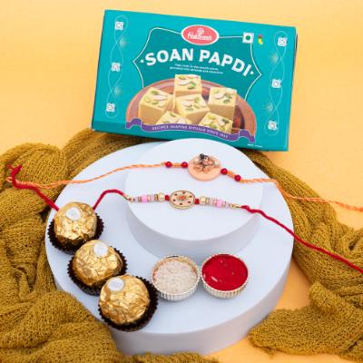 Shri Ram & Om Rakhi Combo with Soan Papdi & Ferrero Rocher