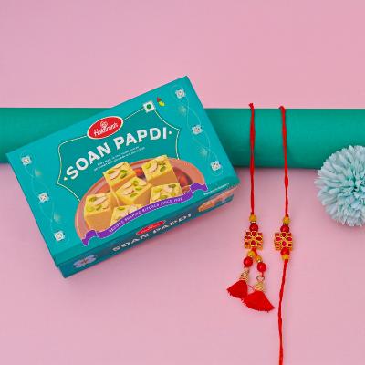 Crimson Artistry & Soan Papdi Sweetness Rakhi