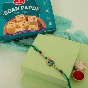 Peacock Feather Rakhi & Soan Papdi