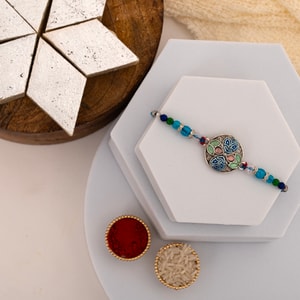 Traditional Antique Silver Meenakari Rakhi with Kaju Katli
