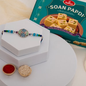 Heritage Antique Silver Meenakari Rakhi with Soan Papdi