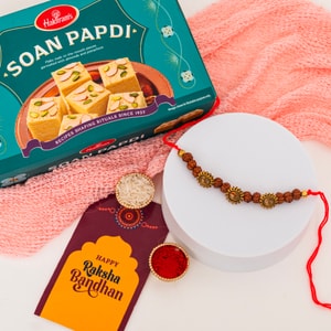 Sacred Triple Om Rudraksha Rakhi with Soan Papdi