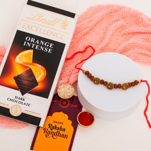 Om Rudraksha Trio Rakhi with Lindt Dark Chocolate