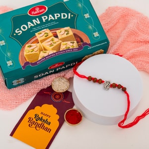 Silver Radha Krishna Rudraksha Rakhi & Soan Papdi Gift