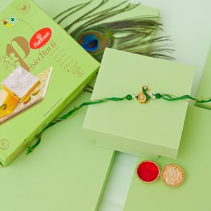 Royal Peacock Rakhi & Pista Burfi Gift