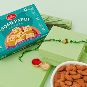 Meenakari Peacock Rakhi with Soan Papdi & Almonds