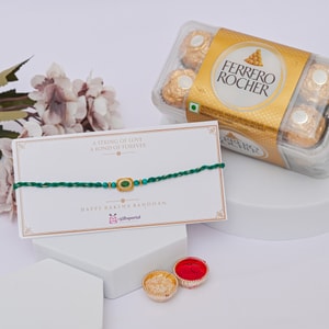 Emerald Stone Rakhi with Ferrero Rocher 12-Piece Box