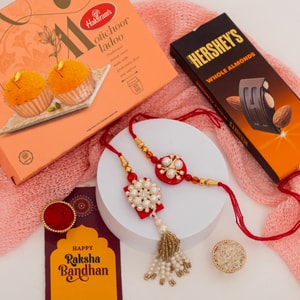 Red Pearl Bhai Bhabhi Rakhi with Motichoor & Chocolate
