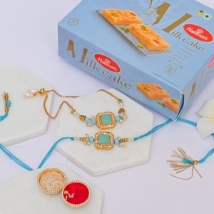 Aqua Designer Bhaiya Bhabhi Rakhi with Milk Cake