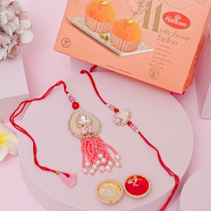 Pink Crystal Bhai Bhabhi Rakhi with Motichoor Ladoo