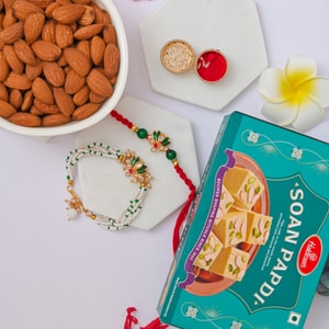 Lotus Bhai Bhabhi Rakhi with Soan Papdi & Almonds
