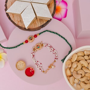 Emerald Designer Bhaiya Bhabhi Rakhi with Kaju Katli & Cashews