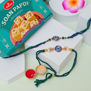Blue Blossom Bhaiya Bhabhi Rakhi with Soan Papdi