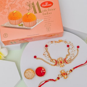 Kundan Pearl Bhaiya Bhabhi Rakhi with Motichoor Ladoo