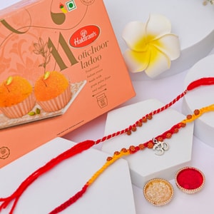 Om Rudraksha Rakhi Duo with Motichoor Ladoo