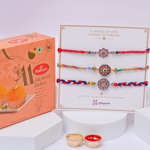 Spiritual Designer Rakhi Trio with Motichoor Ladoo - Set of 3 Rakhis to Australia