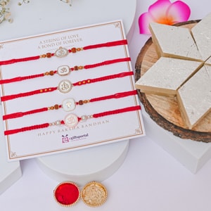 Om Ganesha Rakhi Collection for Five Brothers with Kaju Katli