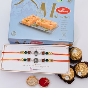 Rudraksha Rakhi Pair with Milk Cake & Ferrero Rocher