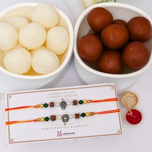 Divine Rudraksha Rakhi Set with Gulab Jamun & Rasgulla