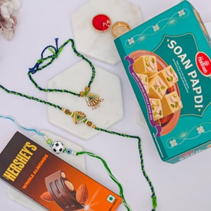 Peacock Family Rakhi Hamper with Soan Papdi & Hershey