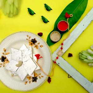 Beige Stone Rakhi with Kaju Katli