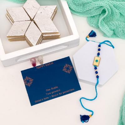 Mystic Azure Eye Rakhi & Kaju Katli Bliss - Rakhi Sweets to USA