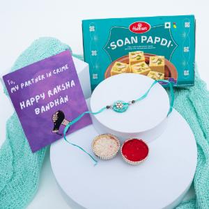 Artisan Blue Bloom Rakhi & Soan Papdi