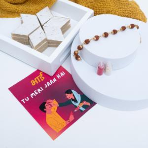 Mystic Rudraksha Charm & Kaju Katli Delight - Rakhi Sweets to USA