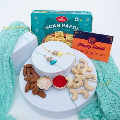 Sunshine & Serenity Dual Rakhi Hamper - Rakhi and Dry Fruits to USA