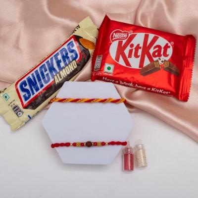 Rudraksha & Beads Mauli Rakhi Set with Snickers & KitKat