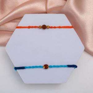 Dual Tone Rudraksha Mauli Rakhi Set – Orange & Blue Threads