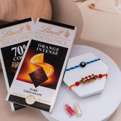 Blue Evil Eye & Stone Rakhi Set with Lindt Excellence Chocolates