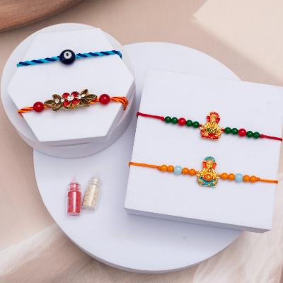 Quadruple Blessings: Divine & Protective Bonds - Set of 3 Rakhis to USA
