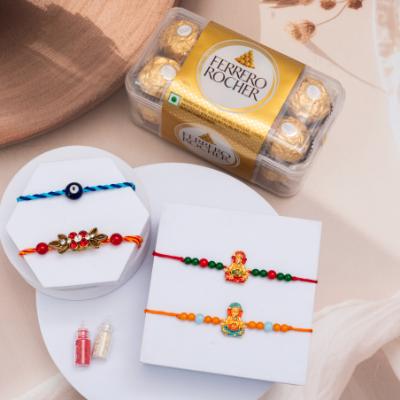 Auspicious Quartet & Golden Indulgence Hamper - Set of 3 Rakhis to USA