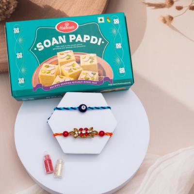 Evil Eye & Stone Rakhi Set with Soan Papdi - Set of 2 Rakhis to USA