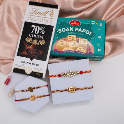 Elegant Quartet, Fine Chocolate & Traditional Flakes - Set of 5 Rakhis to USA