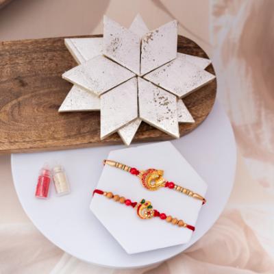 Divine Duo Ganesha Rakhi Set & Kaju Katli Bliss - Set of 2 Rakhis to USA