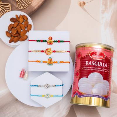 Blessed Bonds, Protective Charms & Sweet Feast - Set of 5 Rakhis to USA
