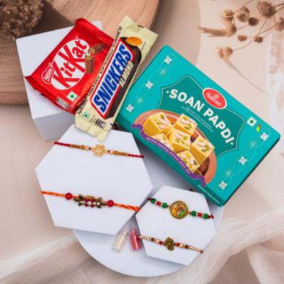 Four Bonds, Flaky Treats & Chocolate Power-Up - Set of 5 Rakhis to USA